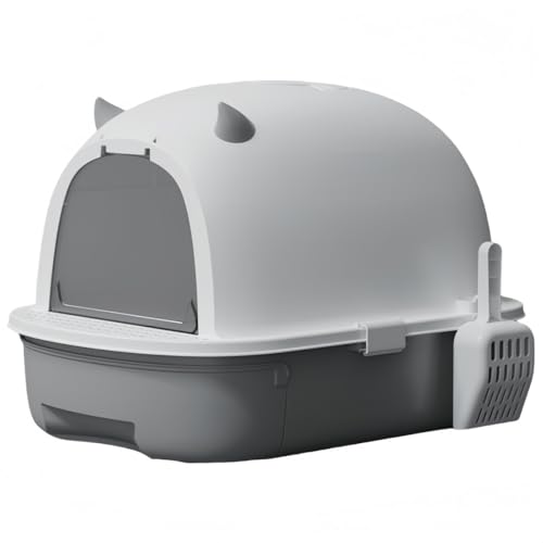 EZweekend 猫用トイレ本体大型フルカバー猫トイレグレー引き出し式ふた付き大型ゆったりおしゃれ猫砂飛散防止異臭防止折りたたみ付きシャベル猫トイレ猫用トイレ (グレー)