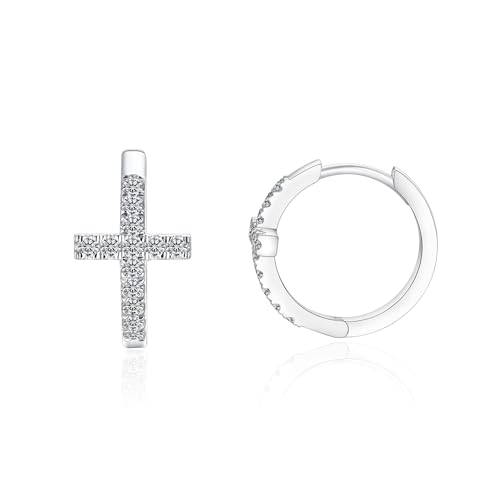 IMOLOVE Moissanite Huggie Hoop Earrings for Women, Everyday Fashion 0.4 Carat Silver Cross Hoop Earrings Trendy Moissanite Hypoallergenic Huggie Earrings for Women with 18K White Gold Plated