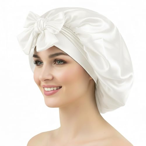 White Satin Sleep Bonnet for Women and Men with Tie Band