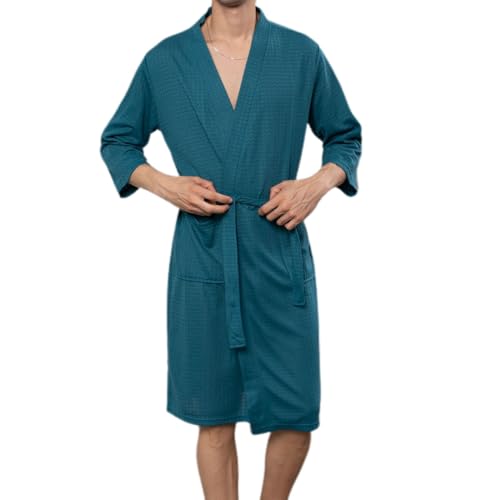 Men's Waffle Knit Robe Soft Comfy Knee Length Long Sleeve Bath SPA Hotel Hot Tub Bathrobe w/Pockets