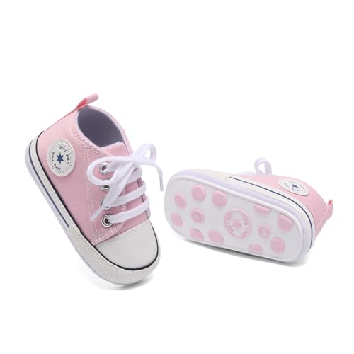 Image of Unisex Baby Girls Boys Canvas High-top Shoes, Newborn Infant Anti-Slip Soft Sole Frist Walking Breathable Sneakers