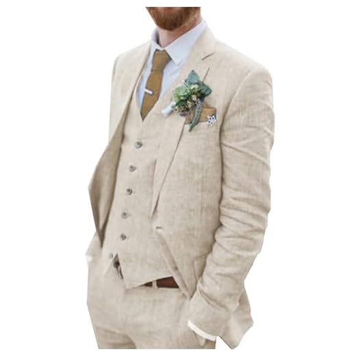 Wehilion Terno masculino retrô de linho para casamento, praia, verão, caimento justo, 3 peças, leve, roupa de linho, colete e calça smoking, Bege, XGG