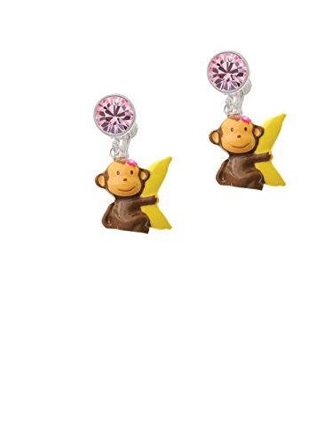 Resin Monkey Hugging A Banana - Pink Crystal Clip On Earrings #TOP1