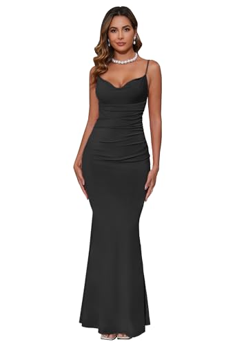 Image of Aigeman Women Spaghetti Straps Mermaid Evening Gown Wedding Guest Dress Drape Neck Lace Backless Formal Maxi Dress 21