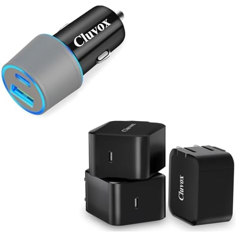 Cluvox 20W Fast Charge Car Charger and 3-Pack 20W USB C Wall Charger, Fast Charging Compatible for iPhone and Samsung Cover