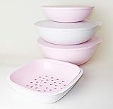  TUPPERWARE Allegra Servierschüssel 5L Rosa/Silber + 3,5L Weiß/Silber + 1,5L Rosa/Silber + 1,33L Siebservierer Rosa/Weiß/Silber + Prinzessin Trinkbecher 330ml