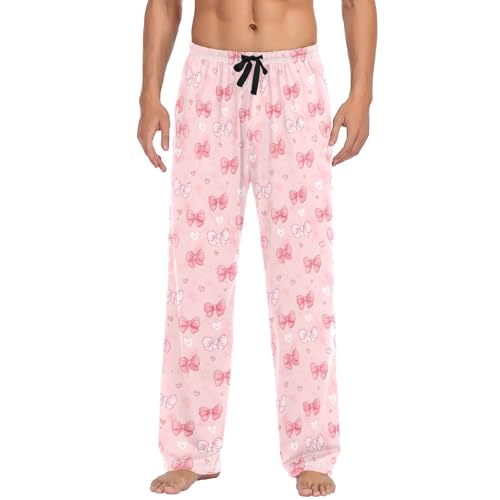 Mens Cotton Pajama Pants Sleep Lounge Pj Bottoms Sleepwear with Pockets Drawstring S White Pink Bow Heart2