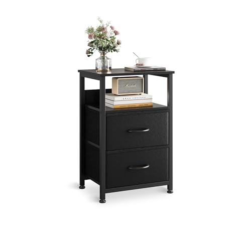 منضدة سرير من جوبستري، مصنوعة من المعدن والخشب الهندسي، مع درجين للتخزين وأقدام قابلة للتعديل، باللون الأسود، بأبعاد 45 × 30 × 73 سم