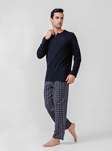 DAVID ARCHY Men's Cotton Pajamas Henley Collar Sleepwear Soft Classic Button-Down Woven Long Sleeve Set (S, Black-Heather Black Grid)3