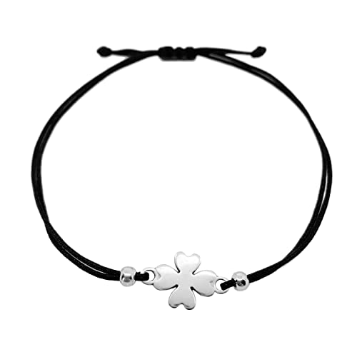 Selfmade Jewelry Bracciale Portafortuna per Donna - Bracciale A Quadrifoglio su Nastro Nero - Gioielli Portafortuna per Donne e Ragazze Fatti a Mano In Germania (Argento)(Taglia Regolabile)