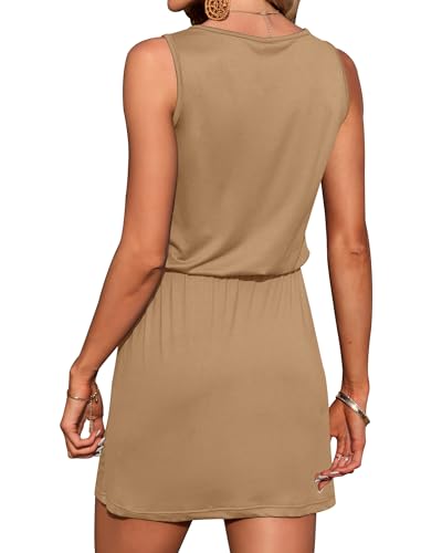 Image of AUSELILY Womens Summer Sleeveless V-Neck Drawstring Waist Beach Cover up Mini Short Swing Dresses with Pockets