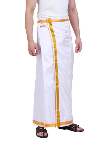 Image of PRAKASAM COTTON Double Layer 8 Mulam Velcro Pocket Dhoti for men | Mundu with Golden Jari Border, Readymade Dhoti for men, Silk Look, South Indian Veshti