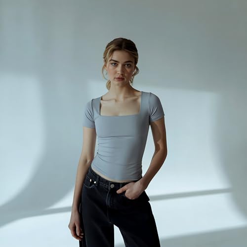 Image of SIGHTBOMB SOFTLINE SQUARE NECK DOUBLE LAYER SHORT SLEEVE MICROFIBER CUDDLE TEE AFFORD LUX EDITION FEATHER TOUCH TOP FOR WOMEN