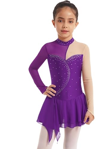Freebily Vestido Patinaje Artístico para Niñas Maillot De Ballet Brillante De Manga Larga Leotardo De Gimnasia Ropa De Fiesta Competición B Morado 7-8 años