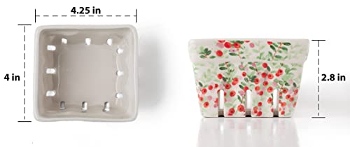 Christmas Ceramic Berry Basket, Colander, Farmhouse Market Square Bowl. Rustic Kitchen Decor Fruit Bowls, Fruit Baskets, Red Green and Cranberry Pattern Stoneware Harvest Bowls Set of 4 Gift Baskets