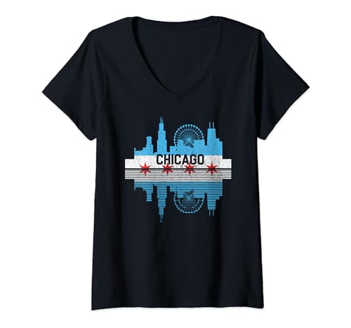Donna Maglietta con bandiera di Chicago, stile vintage, con skyline dell'Illinois, da uomo e da Maglietta con Collo a V