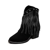 NHBEOEN Suede Fringe Western Ankle Boots for Women Retro Fashion Studded Pointed Toe Pull-on Stack Chunky Heel Tassel Cowboy Boots for Country Music Prom Dress Short Booties (Black,7)
