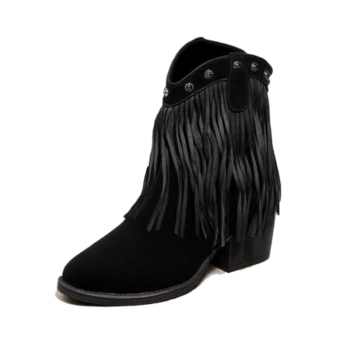 Suede Fringe Chunky Heel Western Boots for Women Retro Fashion Studded Pointed Toe Pull-on Mid Heel Tassel Cowboy Ankle Boots for Country Music Prom Dress Short Booties