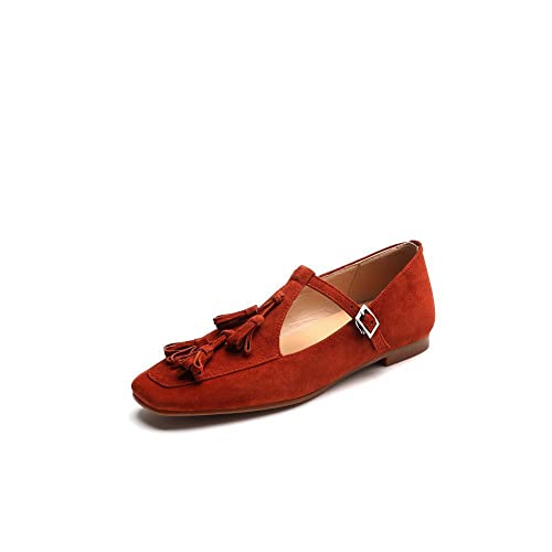 TinaCus Genuine Leather Women's Handmade Genuine Leather Fringe T-Strap Square Toe Flats Shoes