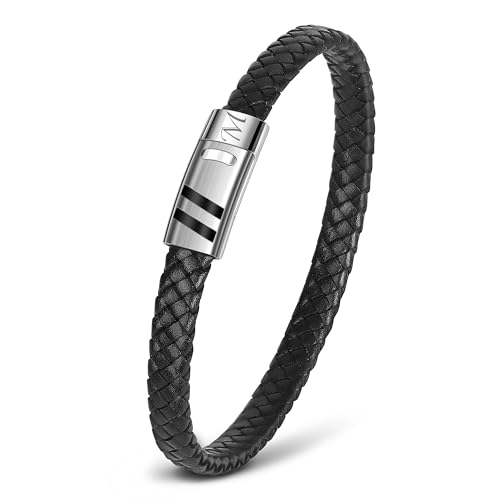 Casisto.J Pulsera Cuero Hombre Grabada con Iniciales A-Z, Pulseras de Cuero Negro Auténtico Trenzado a mano con Cierre Magnético, Regalo de joyería para Hombre