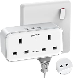 Mscien Plug Adapter with 3 USB, 4 Way Multi Plug Extension, 13A UK Surge Protected Wall Charger Power Socket for Home Kitchen Office, Multiplug Extender for Phone, Tablet