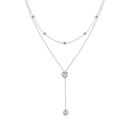 FLYOW Layered Necklace S925 Sterling Silver Teardrop Double Choker Y Lariat Long Chain Necklace Birthday Mother's Day Gifts for Women Ladies Mother Wife