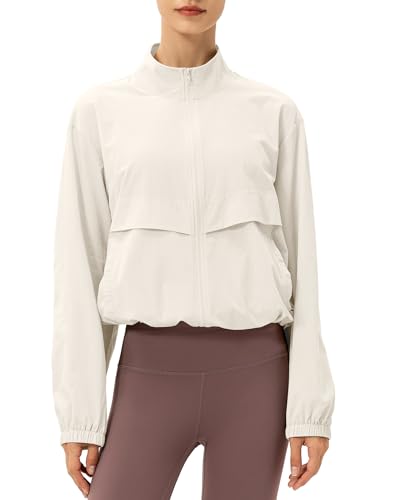 Locachy Women's Lightweight Zip Up Athletic Jacket Stand Collar Windproof Sun Protection Workout Outdoor Jacket Beige S