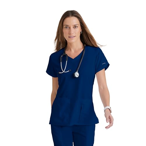 Grey’s Anatomy by BARCO Classic Cora Scrub Top for Women – Indigo, 4-Pocket Crossover V-Neck Scrub Shirt with Natural Stretch, Soil Release Fabric, and Super-Soft Finish – Medium, Regular Fit