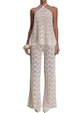 EOSIEDUR Women 2 Piece Crochet Knit Set Halter Neck Top and Wide Leg Pants Boho Lace Hollow Out Outfit for Summer White M