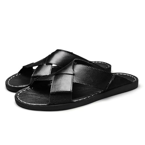 Men's Leather Slides Sandals Comfort Lightweight Open Round Toe Slip On Anti-Slip Soft Bottom Slippers