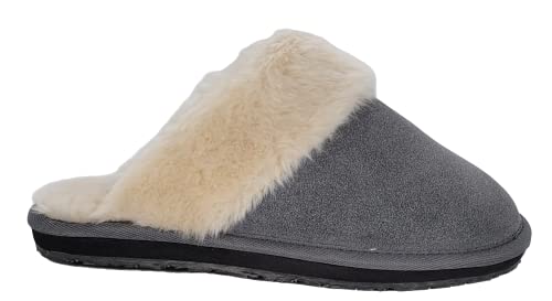 Image of Clarks Womens Open Back Suede Leather Comfort Clog Slipper JMS0583C - Plush Faux Fur Trim - Indoor Outdoor House Slippers For Women