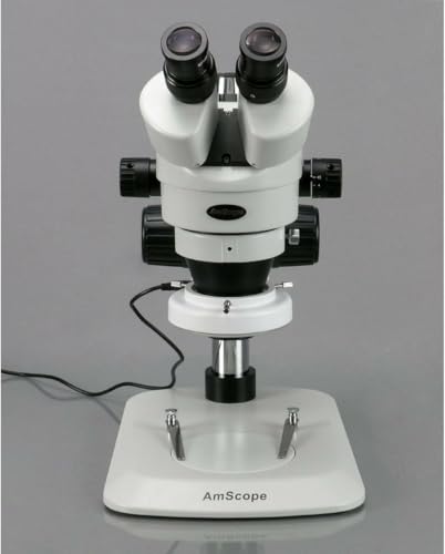 Image of AmScope SM-1BN-64S Professional Binocular Stereo Zoom Microscope, WH10x Eyepieces, 7X-45X Magnification, 0.7X-4.5X Zoom Objective, 64-Bulb LED Ring Light, Pillar Stand, 110V-240V