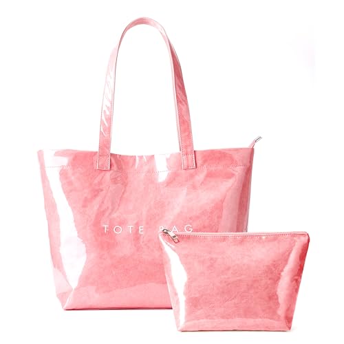Image of KALIDI PVC Zipper Tote Bag, Jelly Kraft Paper Beach Bag Large Hobo Carry All Travel Shopping Handbag Plastic Shoulder Bag