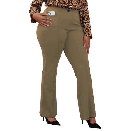 DGD Wrinkle-Free Stretch Dress Pants Plus Size for Women Pull-on Pant Ease into Comfort Office Pant Khaki 2XL