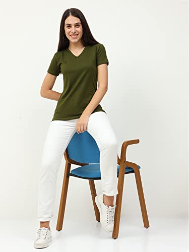 Image of FLEXIMAA Women's Cotton Plain V Neck Half Sleeve T-Shirt