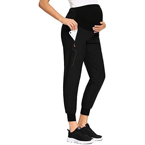 V VOCNI Maternity Women's Athletic Maternity Joggers Pant Dry Fit Running Sweat Pants Zipper Pockets Lightweight Sports Pants - Black - Large Cover