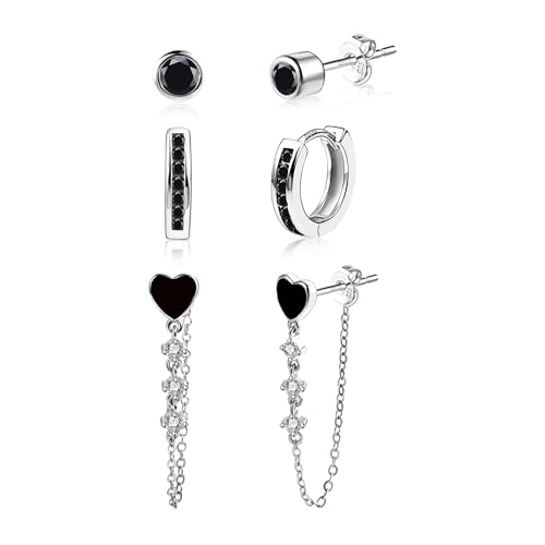 ALEXCRAFT 4 Pares Pendientes Negro Corazón Plata 925 Mujer Juego, Hipoalergénicos, Acero Quirurgico, Pequeños Pendientes Aro con Circón, Apilables, Pendientes Huggie Piercing Tragus Oreja Cartílago