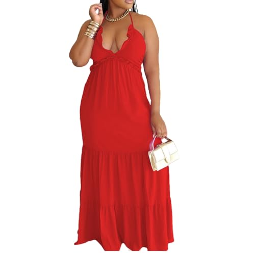 Image of TOPSRANI Womens Sleeveless Maxi Dress Halter Casual Backless Smocked Tiered Ruffle Flowy Sexy Slip Sling Strap Dresses