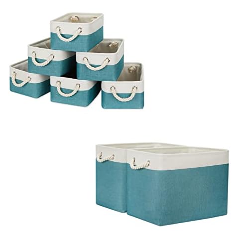 Temary Collapsible Storage Bins Set of 6 Fabric Storage Baskets 2 Pcs Decorative Baskets for Gifts Empty (White&Teal, 11.8Lx7.9Wx5.3H Inches, 16Lx12Wx12H Inches) Cover