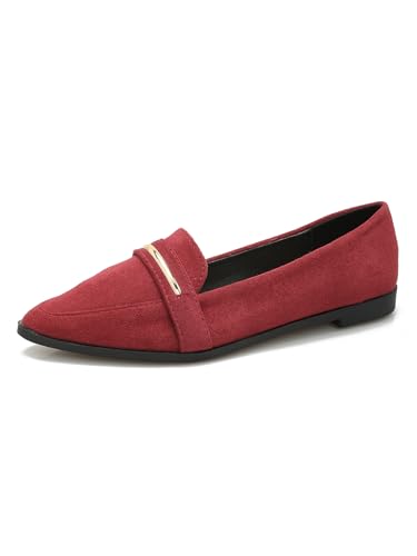 Image of Pointy Toe Penny Loafers for Women Dress Office Work Flats Shoes | Comfortable Women's Faux Suede Leather Slip On Flat Loafers for Driving Business Casual Cute Ballet Shoes
