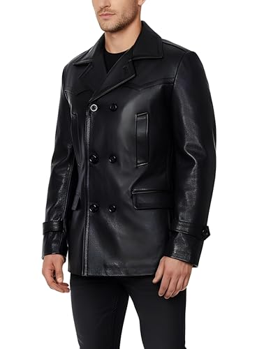 Image of Creonetix Hub Men’s Black Genuine Leather inspired Reefer Jacket – Vintage Double Breasted Long Coat (Black-Medium)