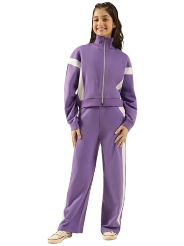 Image of Li'l Tomatoes Girls Solid Fleece Winter Track Suit | Zip-Up High Neck Jacket & Wide-Leg Track Pants | Casual Co-Ord Set | 9-16 Years