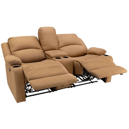 Camper Comfort 68" Wall Hugger Reclining | RV Theater Seats | Double Recliner RV Sofa & Console | RV Couch | RV Theater Seating | RV Furniture (Powered, Sand)