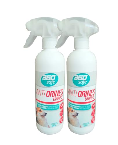 Clim Profesional - 2 Sprays Anti Orines de Perros Gatos 500 ml 360º Safe. Repelente Orina Eficaz sin Perjudicar a las Mascotas. Uso Interiores y Exteriores. Aroma Aceites Esenciales. 2 botes 500 ml