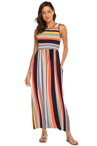 BDTECAOR Damen Sommer Casual Einfarbig Ärmellose Lockere Strandkleid Maxi Kleid mit Taschen Mehrfarbige Streifen L 3