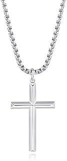 FANCIME White Gold Plated 925 Solid Sterling Silver High Polished Mens Crucifix Pendant Fine Jewellery for Mens Boys, with Stainless Steel Box Chain Necklace Length 24 Inch