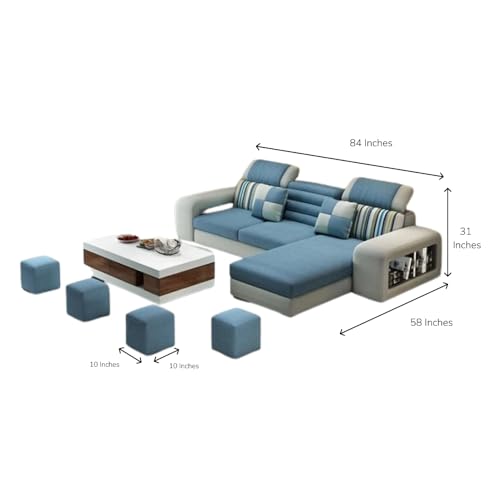 Image of Travis Modern 8 Seater L Shape Sofa Set for Living Room Blue & Light Grey RHS | 4 Ottoman with L Shape Sofa | Fabric Sofa 8 Seater for Office Festival Gifts