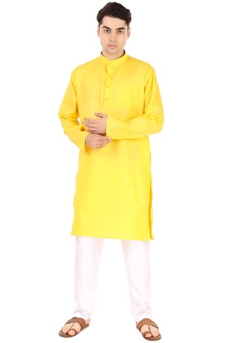 Image of Men's Cotton Solid Kurta Set Mandarin Collar Regular Fit Long Sleeves Ethnic Dress
