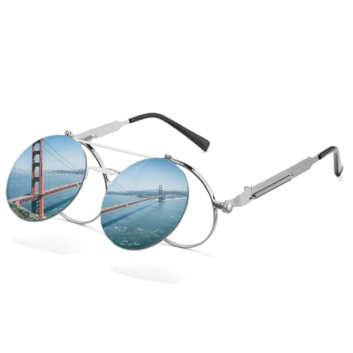 HJSTES Round Flip Up Sunglasses for Men Women Circle Rave Glasses 90's Vintage Steampunk Style