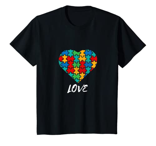 キッズ アンティーク調ハート レインボー パズル デザイン Love Autism Tシャツ